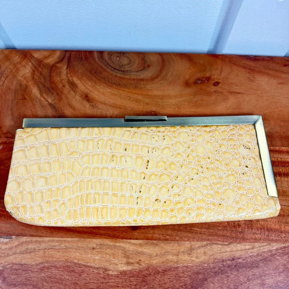 Jessica McClintock Yellow Croc Embossed Clutch Evening Bag w Brass Frame & Chain